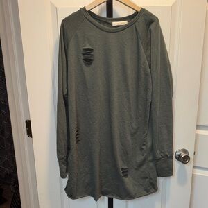 Distressed Long Sleeve Tunic Top - Green